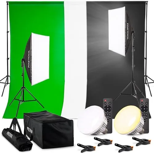 PIXETOOL Fotostudio Set - Greenscreen (2,8mx1,8m) mit Ständer (2m x 2m) – Softbox Mit Lampen Set - 3X Fotohintergrund - Reflektor - Gaming Streaming Fotografie Zubehör - Studiolicht Fotolampe