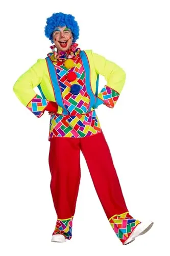 WILBERS & WILBERS 5810 - Herren Clownkostüm, dreiteilig für Karneval - Karnevalskostüm in Größe L: bequemes Langarmshirt, weite Hose und verspielter Kragen aus leichtem Stretchstoff in fröhlichen Farben. Ideal für Mottopartys, sorgt für gute Passform und einen tollen Auftritt.