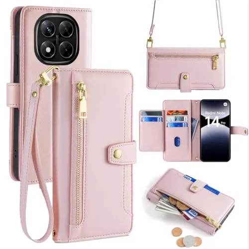 betterfon Handykette kompatibel mit Xiaomi Redmi Note 14 Pro 5G | Leder Handyhülle mit Kartenfächern | Handyhülle zum Umhängen | Rosa