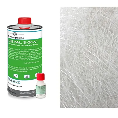 DD Composite Polyesterharz 1kg mit Glasfasermatte 300g/m² - Zwei-Komponenten-Kleber für vielseitige Reparaturen im Fahrzeugbau, Modellbau und Kunsthandwerk. Das styrolfreie Harz härtet klebrig aus, sodass Schleifarbeiten entfallen.