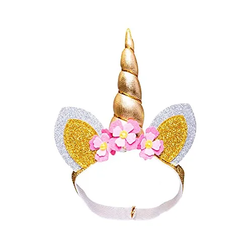 Heless 131 - Haarband für Puppen, mit gold-glitzerfarbenem Horn, Glitzer-Öhrchen und Blüten, Gr. 35 - 45 cm