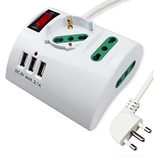 Extrastar Tischsteckdose mit USB-Buchse, Weiß, 3500 W, 250 V, 3 Steckdosen (2 1 ITA/Schuko) 3 USB-Anschlüsse, [Energieklasse A+], weiß 3500.00W, 240.00V