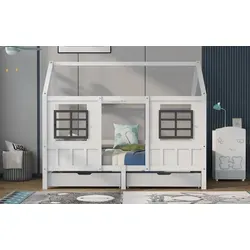 Kinder Hausbett Weiß Aus Massivholz 90x200 Cm Mit Seitlichen Fenstern Und 2 Schubladen