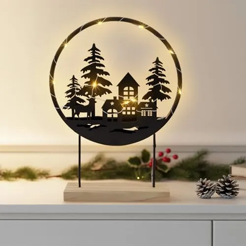 Spetebo LED Deko Aufsteller schwarz mit Weihnachts Motiv - 37 x 25 cm - Metall Silhouettenbild mit 15 LED warm weiß - Weihnachts Dekoring Tischdeko Fensterdeko Beleuchtung mit Timer Batterie
