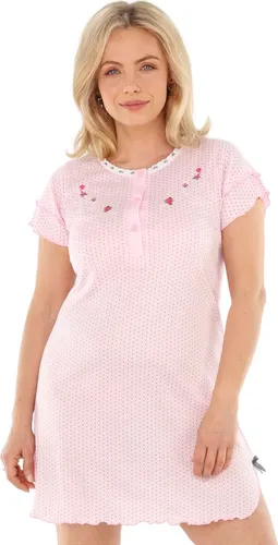 Nachthemd Damen kurzer Arm mit Spitze und Stickerei Nachtgewand Nachtwäsche, Größe:L, Farbe:Rosa mit Stickerei