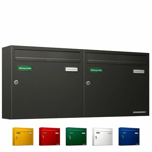 AL Briefkastensysteme Basic 2er Briefkasten DB 703 - Wandbriefkästen aus pulverbeschichtetem Stahlblech, wetterfest und langlebig. Ideal für Mehrfamilienhäuser, mit 2 Namensschildern und Posthaltebügel für einfache Montage.