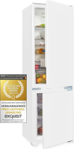 exquisit Einbaukühlgefrierkombination EKGC270-70-E-040E - Integrierbarer Kühlschrank mit 4-Sterne-Gefrierfach und Superkühlfunktion, ideal für platzsparende Küchen. Energieeffizienzklasse E und leise mit nur 39 dB.
