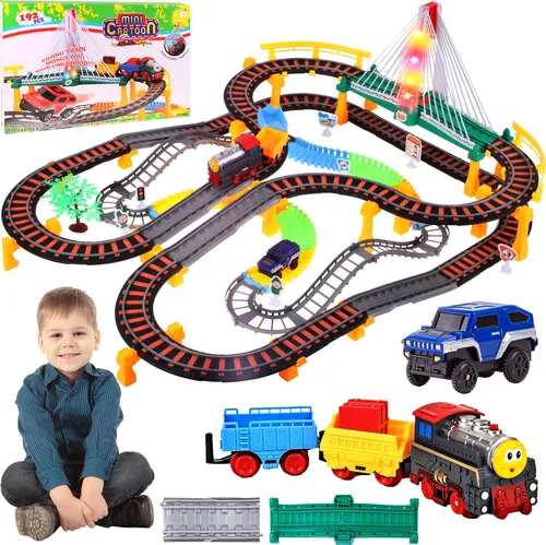 Malplay Rennstrecken-Set 700cm Bahnstrecke 2in1 Rennwagen-Bahn Zug mit Waggons und Auto Spielzeug für Kinder ab 3 Jahren Geschenk