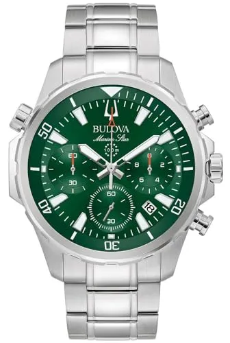 Bulova 96B396 Marine Star Herrenuhr Chronograph 47mm - Silber/Grün - Chronograph für Herren mit 10 ATM Wasserdichtigkeit, elegantes Design und präzises Quarzwerk - ideal für Sport und Alltag.