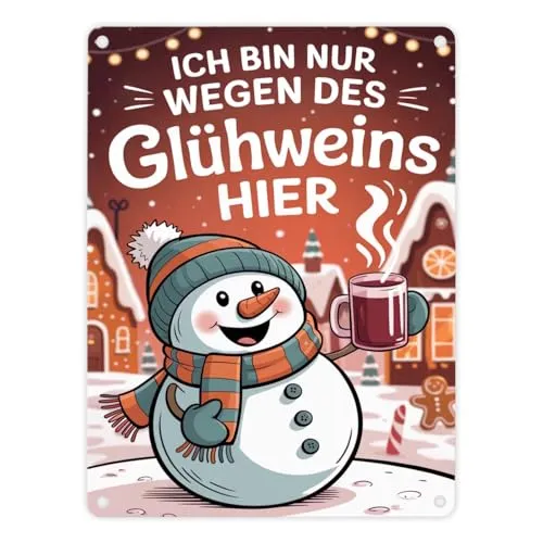 Schneemann Glühwein Spruch Metallschild in 15x20 cm Weihnachtsdeko Lustiges Blechschild für Advent und Winterfreude
