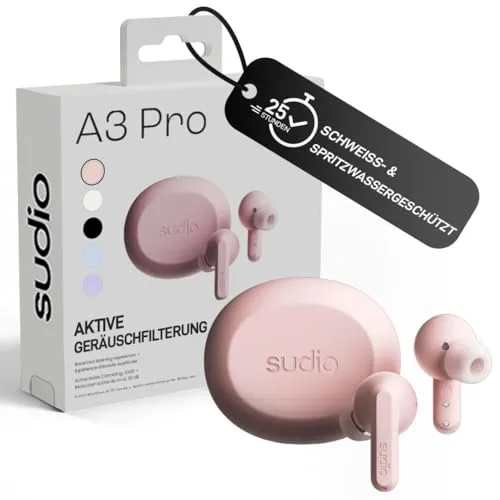 sudio A3 Pro True Wireless Kopfhörer Kabellos Bluetooth | Noise Cancelling In Ear Kopfhörer Bluetooth 5.4 | Aktive Geräuschunterdrückung | 25h Spielzeit | USB-C Ladecase | Rosa.