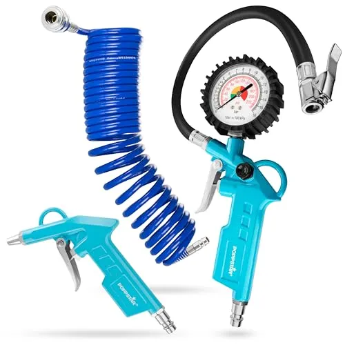 Poppstar Druckluftzubehör Set: Reifenfüller (0-16 bar, Schlauch: 340 mm), Druckluftspiralschlauch 5m, Ausblaspistole (12 bar)