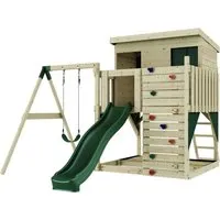 PolarPlay Spielturm Tjorven aus Holz in Grün - Schaukel und Spielturm aus hochwertigem Fichtenmassivholz, sicher gemäß DIN EN 71, ideal für ein kreatives und sicheres Spielvergnügen im Garten.