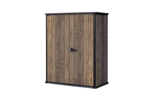 Keter Kunststoff Gartenschrank Signature Walnuss  - Gartenschrank in edlem Walnuss-Design, wetterfest und ideal für die Aufbewahrung von Gartenutensilien und Werkzeugen.