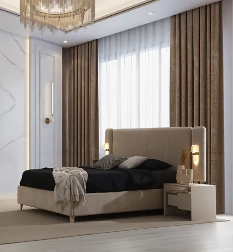 Moderne Schlafzimmer Garnitur mit Polsterbett und 2 Holz Nachttischen - Elegantes Schlafzimmer-Set bestehend aus einem komfortablen Polsterbett (289 x 213 cm) und zwei stilvollen Nachttischen (48 x 49 x 57 cm) in Beige. Ideal für eine zeitgemäße Einrichtung.