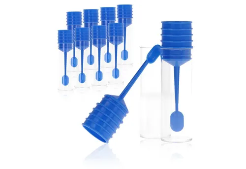Horn Medical Aufbewahrungsdose Horn Medical 10 Proben-/Untersuchungsröhrchen mit integriertem Löffel (für Boden- / Kotproben u.a., 10 St., für Glitzer / Kleinteile), unsteril, aus glasklarem und stabilem Polystyrol