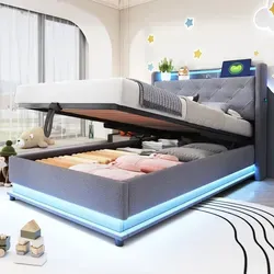 okwish Kinderbett 90*200cm Polsterbett Multifunktionales Einzelbett Mit farbwechselnden Lichtern und USB-Steckdose, Mit Hydraulischem Stauraum, ohn... - Grau