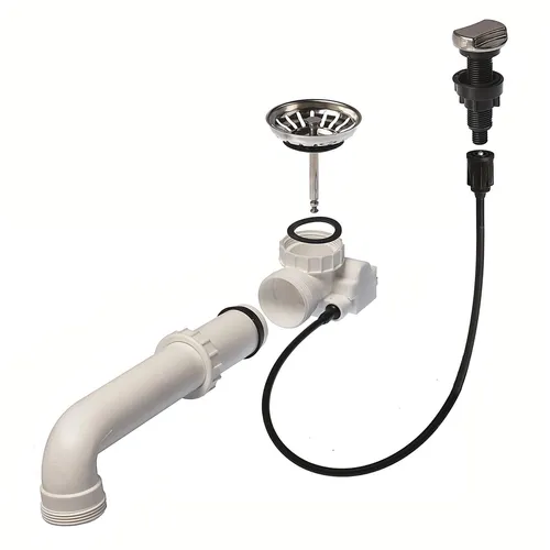 Drehknopfventil 3 1/2 R20357 - Edelstahl Drehknopfventil für Reginox Doppelbecken-Spülen, inklusive Bowdenzug und Siebkorb, ideal für zuverlässige Abläufe in Ihrer Küche.