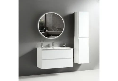 Alpenberger Badmöbel-Set - Komplettes Badezimmermöbel mit LED Spiegel - Elegantes Badmöbel-Set mit vormontiertem Waschtisch, Hochschrank und rundem LED Spiegel. Perfekt für kleine Bäder, feuchtigkeitsresistent und mit Softclose-Funktion für eine leise Nutzung.