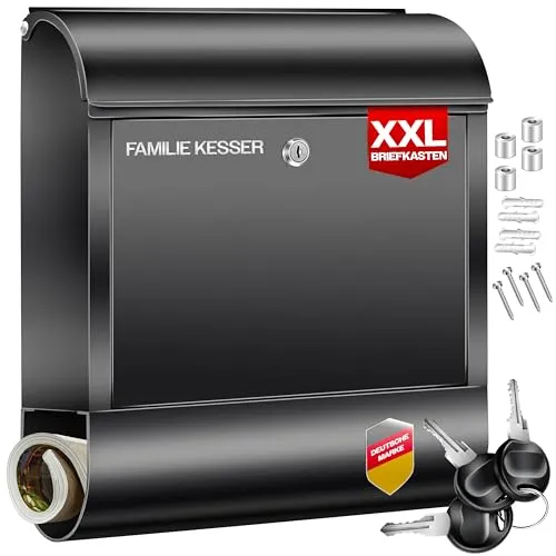 KESSER XXL Briefkasten aus Edelstahl mit Zeitungsfach - Eleganter Briefkasten in gebürstetem Schwarz, bietet ausreichend Platz für Briefe und Zeitungen – ideal für moderne Haushalte.