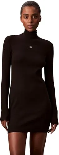 Calvin Klein Damen Mini Kleid Ls Woven Label 2X2 Rib in schwarz von Calvin Klein