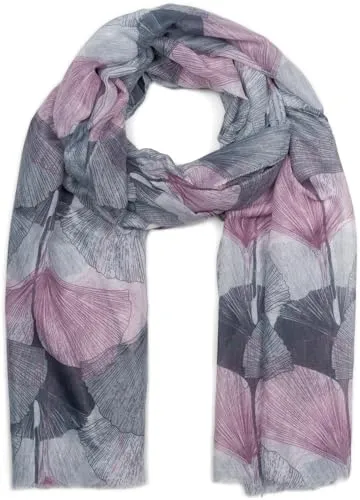 styleBREAKER Damen Schal mit farbigem Ginkgo Leaves Blätter Muster Print und kurzen Fransen, leichtes Tuch, Stola 01016208, Farbe:Mauve-Grau