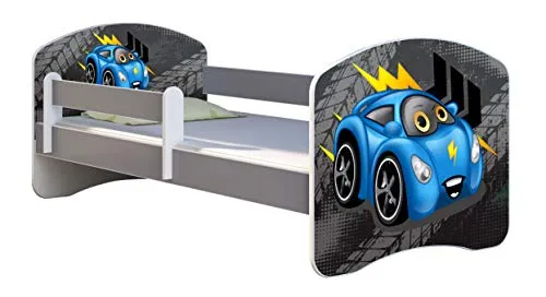 ACMA Kinderbett Jugendbett mit Einer Schublade und Matratze Grau mit Rausfallschutz Lattenrost II (04 Blaue Auto, 160x80)