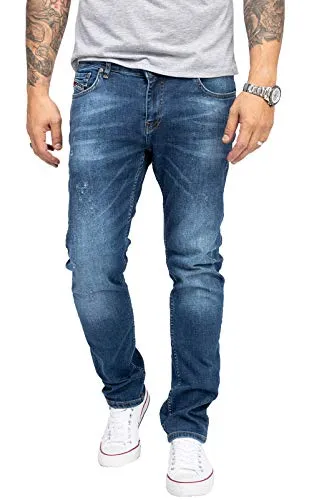 Indumentum Jeans Herren Slim Fit Hose Stretch Männer Jeans Hosen Herrenjeans Denim Herrenhose Mens Pant Stretchjeans Used Look Blau IS-301 W42 L34