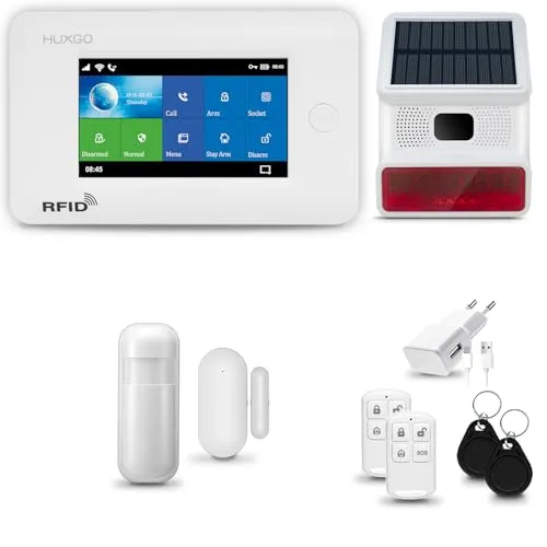 HUXGO® HXA006 Alarmanlage Haus WiFi + GSM 4G mit Solar-Funksirene | Alarm System mit Bewegungssensor, Fensteralarm/Türalarm | Wohnmobil Alarmanlage Fernbedienung | Smart Home Security TUYA