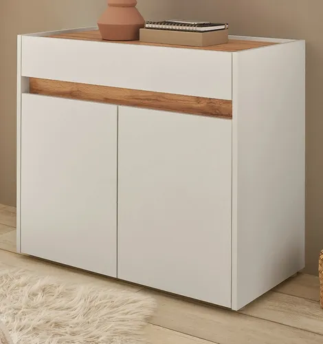 Furn.Design Schuhkommode Center - Moderne Schuhkommode in Weiß und Wotan Eiche, 80 x 70 cm, mit viel Stauraum, höhenverstellbarem Einlegeboden und pflegeleichter Melaminbeschichtung für einen eleganten Flur.
