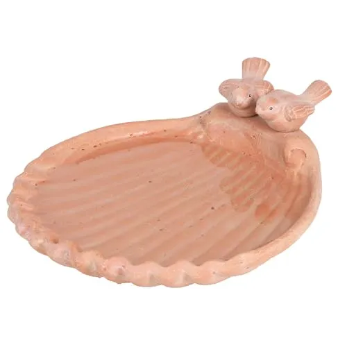 Vogeltränke Muschelform in Terrakotta Keramik - Dekorative Vogeltränke aus Keramik in Muschelform, ideal für den Garten. Mit zwei Vögeln und einem Gewicht von 3,8 KG für Stabilität.