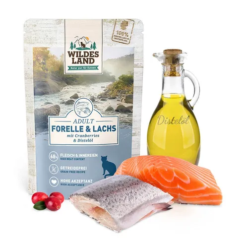 Katzenfutter Wildes Land Classic Adult Forelle & Lachs + Distelöl Nassfutter 90g