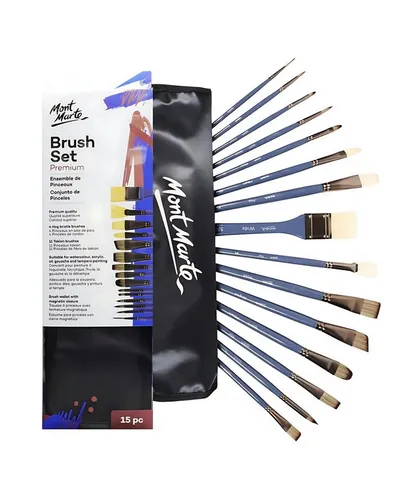 Mont Marte 15-teiliges Malpinsel Set - Vielseitiges Set für Aquarell, Acryl, Öl und mehr, enthält 11 Taklon- und 4 Schweineborstenpinsel für präzise Maltechniken.