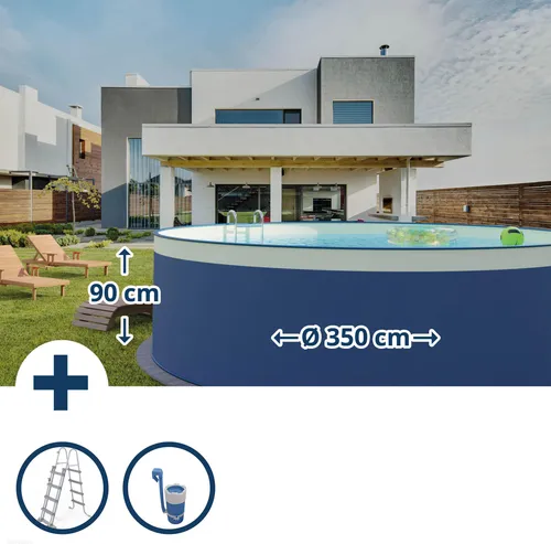 Stahlwandpool Set rund Arizona 350x90 cm - Swimmingpool in rund, anthrazit mit 0,3 mm starker Stahlwand und blauer UV-stabilisierten Folie. Ideal für erfrischende Sommertage im eigenen Garten, inklusive Sicherheitsleiter und Filter.