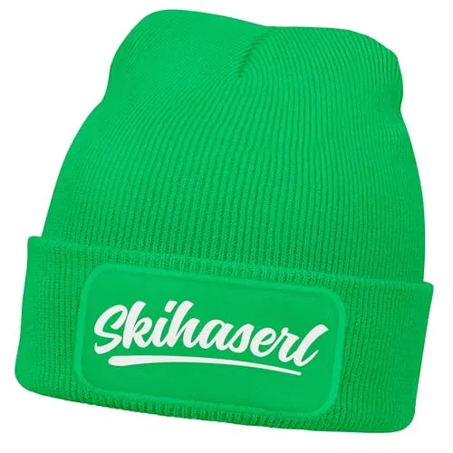 MoonWorks® Damen Beanie mit Patch Skifahren Strickmütze mit Spruch Aufdruck Skihaserl Damenmütze Gruen Unisize
