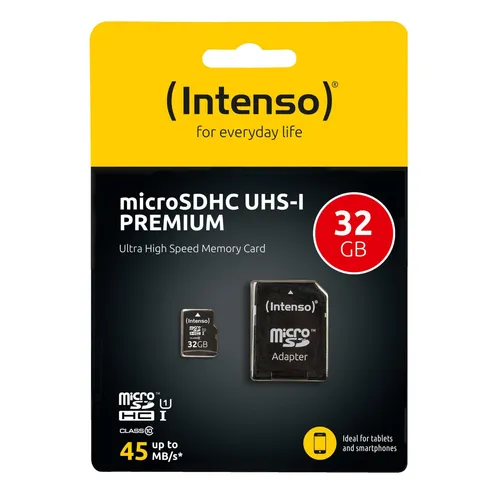 Intenso microSDHC Card 32GB - Premium Class 10 U1 - Speicherkarten für Tablets und Smartphones, ideal zur Erweiterung des internen Speichers mit 32GB Kapazität und einer Lesegeschwindigkeit von bis zu 90MB/s.