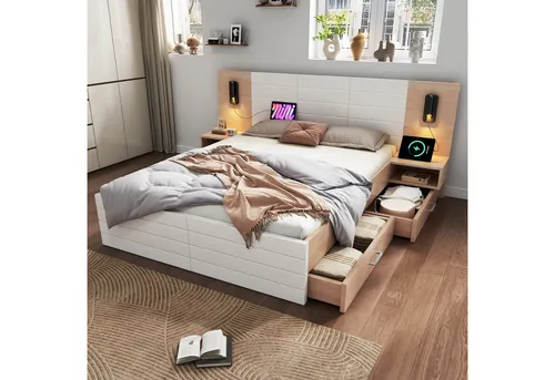 OKWISH Polsterbett Bettanlage mit Stauraum (Doppelbett, Holzbett, 1-tlg., 140×200cm, Ohne Matratze), mit 2 Schubladen, 2 Nachtkommode, Leselicht&USB Ladefunktion