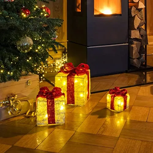 LED Geschenkboxen mit Timer 3er Set - Rot - Weihnachtlicher Zierschmuck, stimmungsvolle Geschenkboxen mit warmweißer Beleuchtung und praktischer Timer-Funktion für festliche Atmosphäre.