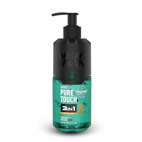 NISHMAN Shower Gel – Pure Touch 480ml – 3-in-1 Formel for Körper, Haar & Gesicht – Sanfter Täglicher Reiniger for Männer with Belebendem Duft – Feuchtigkeitsspendende Waschpflege for Alle Hauttypen