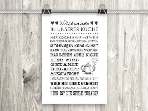 artissimo Poster DIN A4 Hochformat 21x29,7 cm PE0042-DR – Küchenposter Willkommen in unserer Küche, modernes Sprüche Poster Küche, Typografie Wanddeko Esszimmer