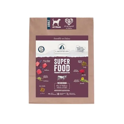 Lakefields SUPERFOOD | Premium Hundefutter trocken | 61% Rind | 1kg | Getreidefreies Trockenfutter für ausgewachsene Hunde | Mit Heidelbeeren, Seealge & Roter Beete | Von Tierärzten entwickelt