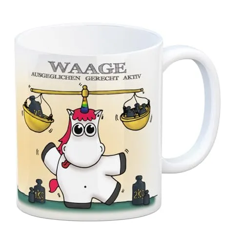 Honeycorns Kaffeebecher mit Sternzeichen Waage Motiv Tasse Kaffeetasse Becher mug Teetasse Büro Einhorngeschenk lustig witzig Einhorntasse Astrologie Tierkreiszeichen Sternbilder Geburtstag Geburt