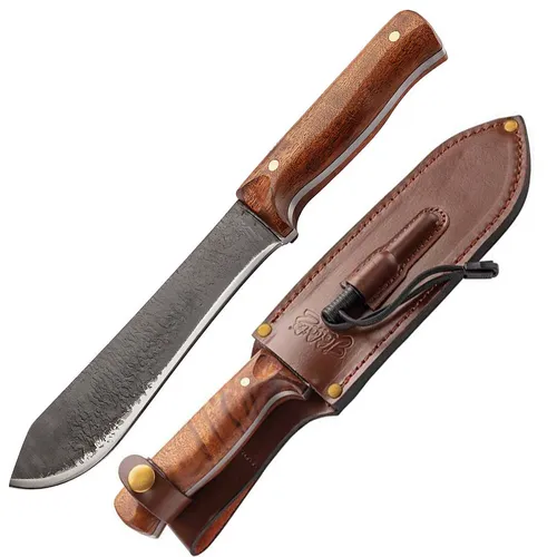 CJH Outdoormesser Gürtelmesser Full Tang Bushcraft - Moderne Feststehende Messer mit Full Tang Konstruktion und edlem Kirschholz-Griff für optimale Handhabung. Ideal für Camping, Outdoor und Trekking. Inkl. Lederscheide mit Feuerstahl.