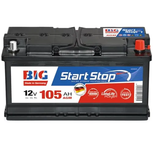 BIG Start-Stop AGM 12V 105Ah 1000A/EN Autobatterie – Premium VRLA Starterbatterie für Start-Stopp-Systeme & Bremsenergie-Rückgewinnung, Wartungsfrei, Auslaufsicher, Erstausrüsterqualität