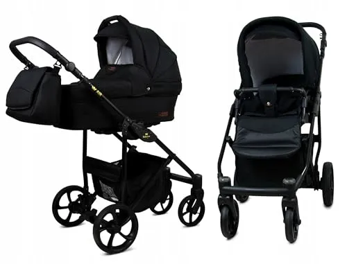 BabyLux® Bambimo Kinderwagen Set 2 in 1 - Air - Onyx - incl. Babywanne, Buggy Sportsitz - Kinderwagenset - Kombikinderwagen mit Wickeltasche, Regenschutz, Moskitonetz, Cupholder usw.