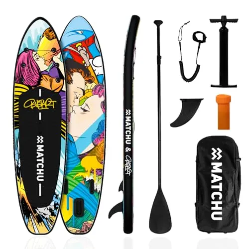MATCHU Aufblasbares SUP Board - Limited Edition mit Zertifikat - Aufblasbares SUP Board 320x81x15 cm, bis 150 KG belastbar. Inklusive Komplettset mit Rucksack, Pumpe und Paddel. Exklusive Art Collection von BustArt - nur 1.250 Stück weltweit!