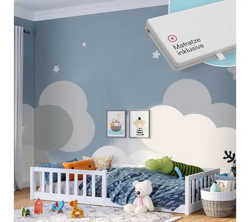 Bellabino Kinderbett Vere - Bodenbett 80x160 cm aus Kiefer Massivholz mit Matratze - Skandinavisches Design und Montessori-Pädagogik vereint: Das Bellabino Bodenbett bietet Sicherheit mit Rausfallschutz und fördert die Selbstständigkeit Ihres Kindes. Ideal für Kinder von 1,5 bis 13 Jahren.