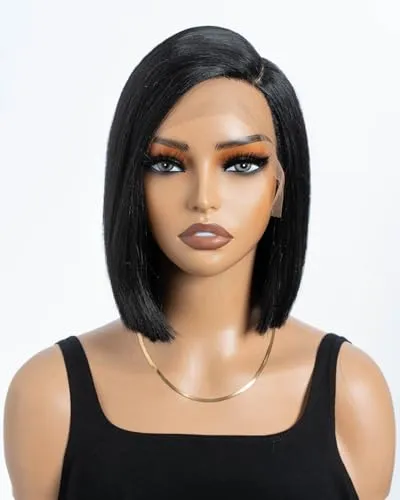 Style Icon Bob Perücke mit Filmansatz Lace Front Wigs Kunsthaar Perücken mit Seitenscheitel 24cm 120g Kunstfaser synthetische Faser (1B)