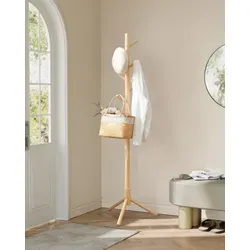 VASAGLE Garderobenständer aus Massivholz, 3 Höhen - Kleiderständer aus naturfarbenem Massivholz mit 8 praktischen Haken, ideal für eine stilvolle und aufgeräumte Flurgestaltung.