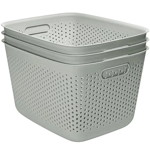 KONZEPT 3er Set Aufbewahrungsbox 17l, Aufbewahrungskorb aus Kunststoff mit Griff, perforierte, grünlich Boxen zur Aufbewahrung